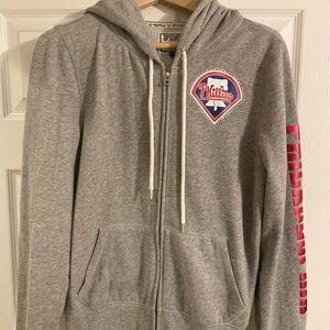 PINK Victoria's Secret Gray Phillies Zip-Up Hoodie with Pink Sleeve Logo